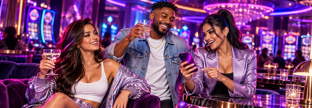 Three Winplace players laughing together in a neon casino lounge