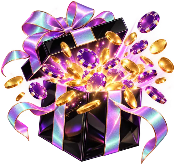 Open gift box with gold coins and purple chips