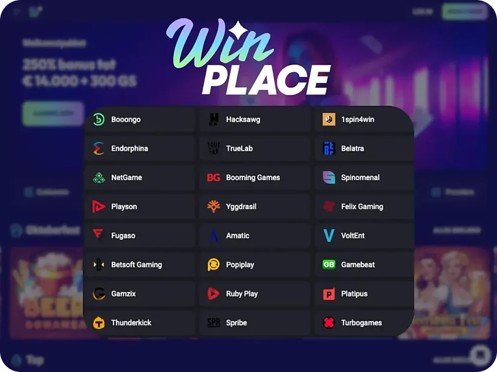 Part of the game studio list in the Winplace lobby, from Booongo and Hacksaw Gaming to Spribe and Turbogames