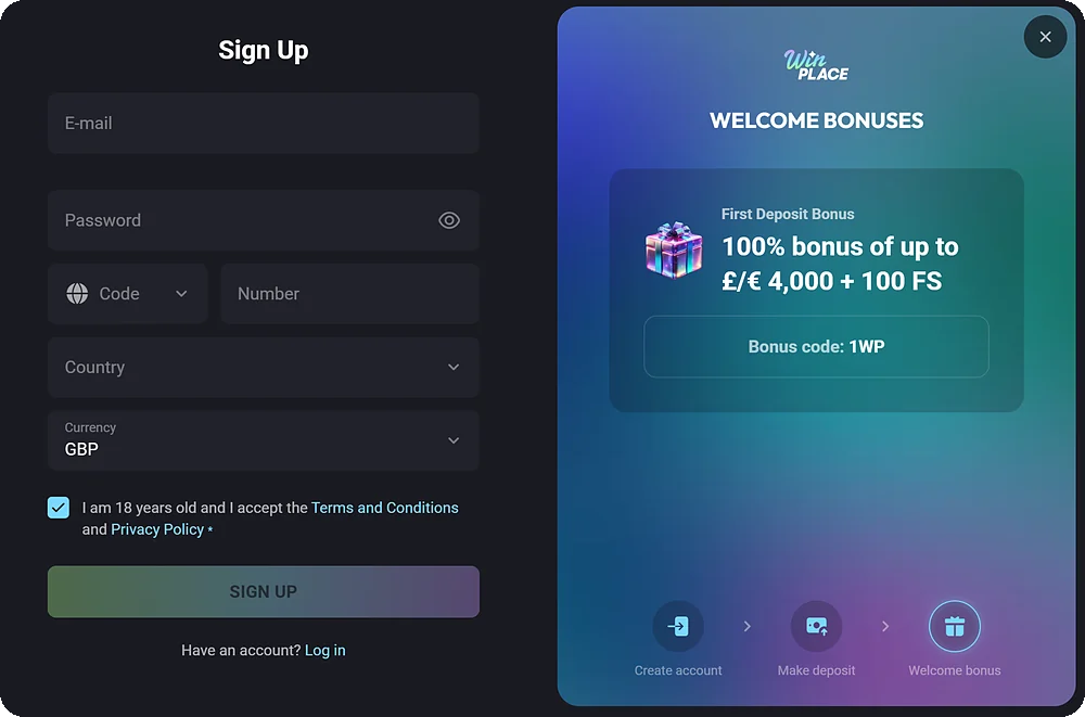 Winplace sign-up form with email, password, phone number, country and GBP currency fields next to the 1WP welcome offer