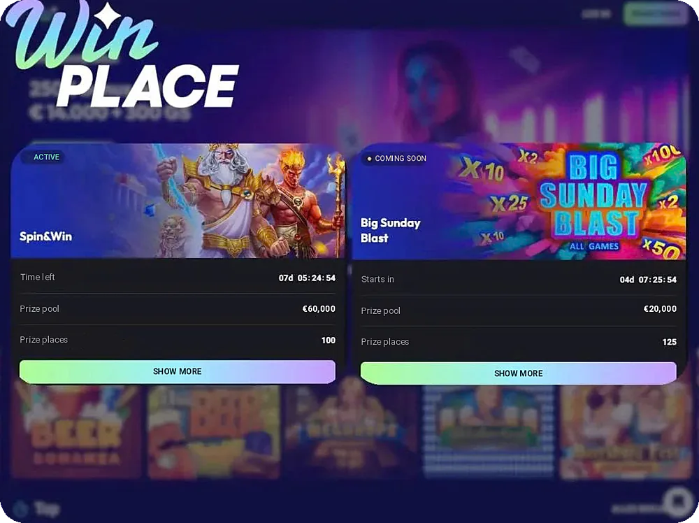 Two Winplace tournament cards, Spin&Win and Big Sunday Blast, with countdowns, prize pools and prize places