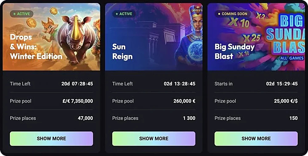 Three Winplace tournament cards: Drops & Wins Winter Edition, Sun Reign and Big Sunday Blast with prize pools and prize places