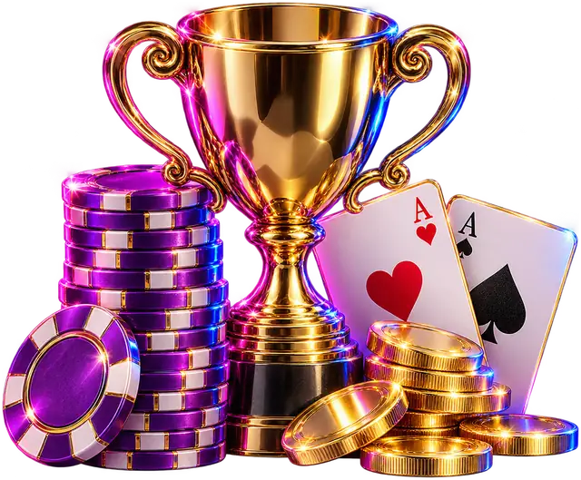 Gold trophy with casino chips, aces and coins